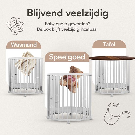 Flowsense Baby Box - Parc pour enfants rond - avec matelas - hauteur réglable - roulettes - blanc