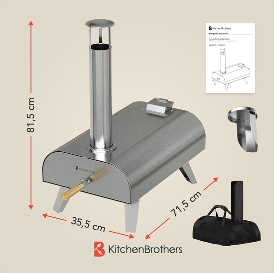KitchenBrothers Four à Pizza - au feu de bois - de table - avec couvercle protecteur - pliable - pierre à pizza - jusqu'à 460°C - acier inoxydable - set complet - four à pizza d'extérieur - acier inoxydable