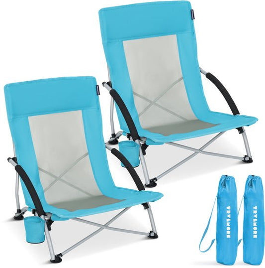 TRVLMORE Chaises de plage - Lot de 2 - Pliables et démontables - Capacité de charge de 120KG - Légères - Avec sac de transport et porte-gobelet - Bleu