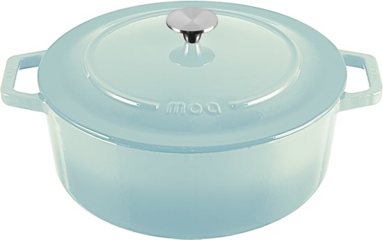 MOA Casserole en fonte - 7,2L - Pour toutes les sources de chaleur y compris l'induction - Avec couvercle - Ø 30cm - Revêtement antiadhésif - Bleu clair