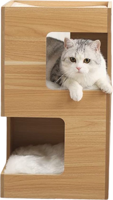Livista® - Maison pour chat - Couleur bois naturel - 60x30x30 cm - Matériaux de haute qualité - Avec coussin