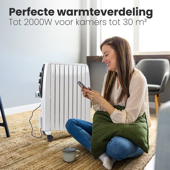 Auronic Radiateur à Huile avec Thermostat - Chauffage 2000W - Chauffage électrique - Minuterie - 3 niveaux - Blanc