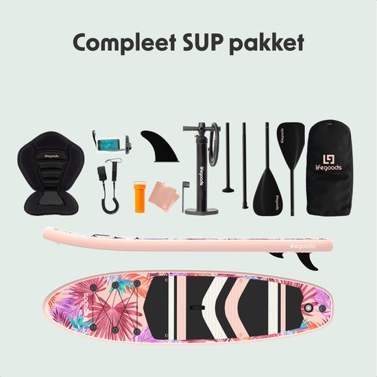 LifeGoods PaddlePro SUP Board - avec siège - Planche à pagaie gonflable - Ensemble complet - Max. 150KG - 320x81cm - Tropical Pink