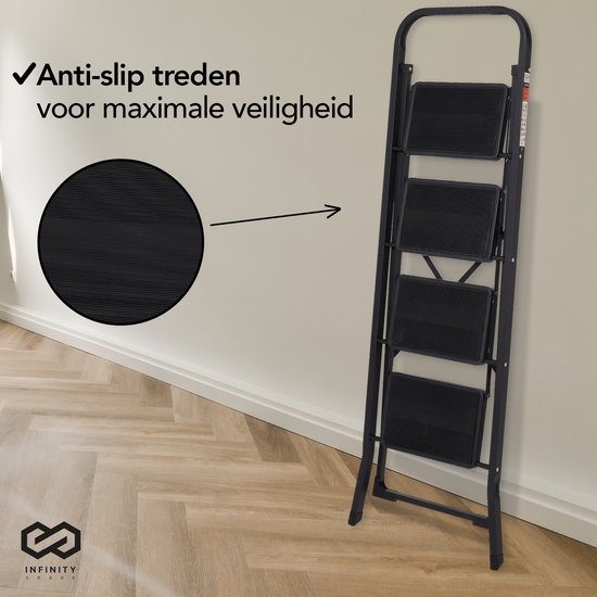 Infinity Goods Échelle domestique robuste 4 marches - Escalier de cuisine pliable - antidérapant - Échelle d'escalier - Pliable - Métal - Noir