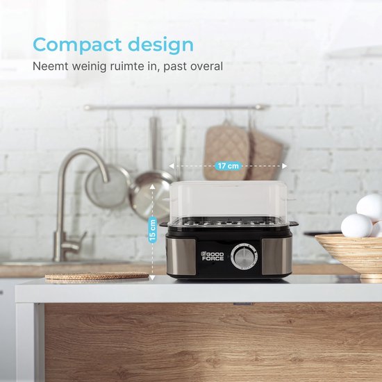 GoodForce Poule à oeufs automatique - avec minuterie - avec alarme - 6 oeufs - électrique - avec gobelet de mesure - avec pique-oeufs - acier inoxydable - lavable au lave-vaisselle