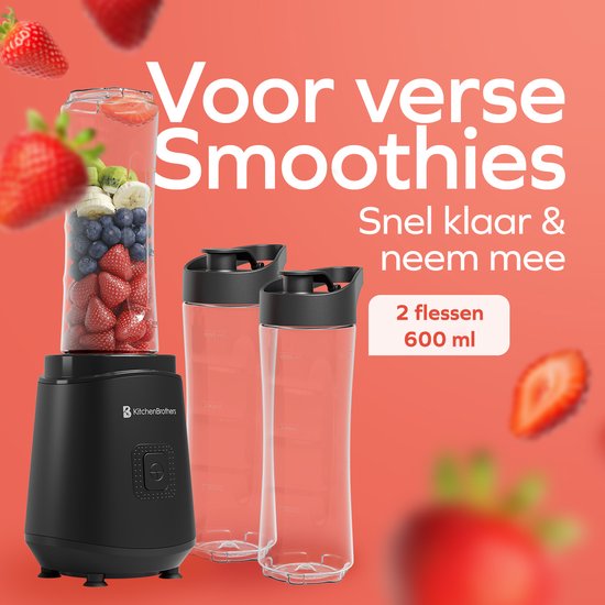 KitchenBrothers Mini Blender - Blender to Go - Smoothie Maker - 2 To-Go Cups 600 ml - Noir