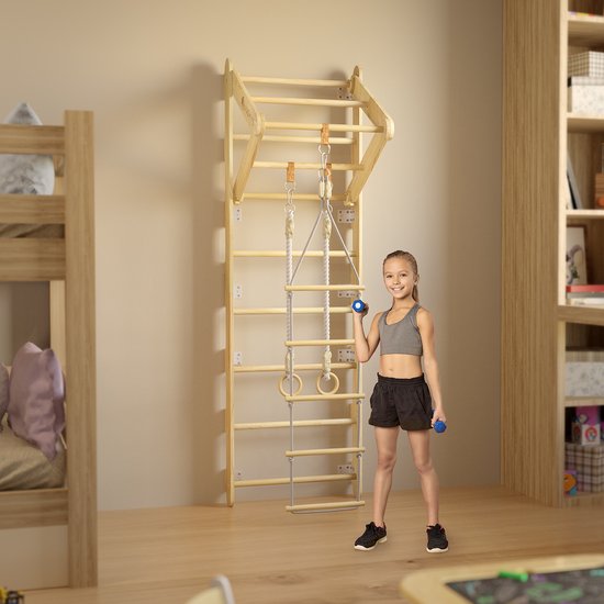 Juskys - Support mural pour enfants - 62 x 210 x 57 cm - naturel et bois - avec échelle de corde et anneaux tournants - Support d'escalade d'intérieur pour la chambre - favorise la motricité et la force