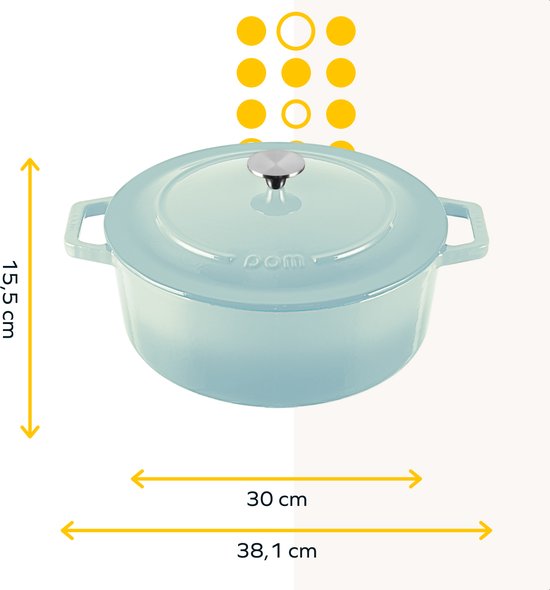 MOA Casserole en fonte - 7,2L - Pour toutes les sources de chaleur y compris l'induction - Avec couvercle - Ø 30cm - Revêtement antiadhésif - Bleu clair
