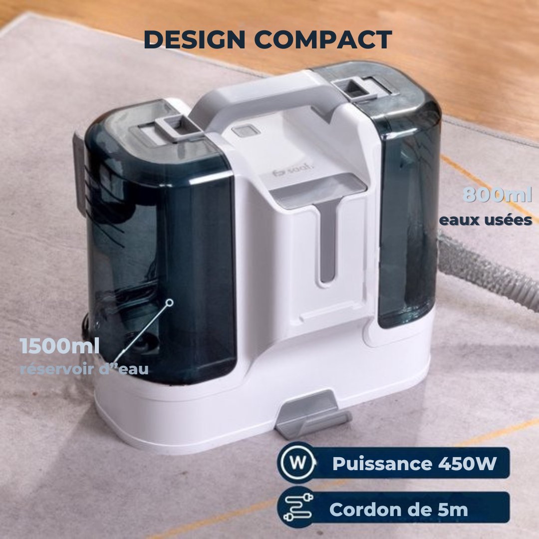 Nettoyeur de tapis avec 5 accessoires Saaf- Puissant 450W- Nettoyeur de banc portable - Pour tapis, meubles, voiture, fenêtres - Câble de 5M - Blanc