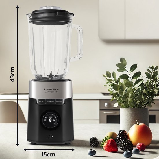 JAP Appliances AeroBlend - Mixeur puissant (1000W) avec 8 vitesses et 3 réglages - Grand pichet en verre de 1,5 litre - Bouchon doseur 20-40ml - Smoothie maker - Broyeur à glace - Noir
