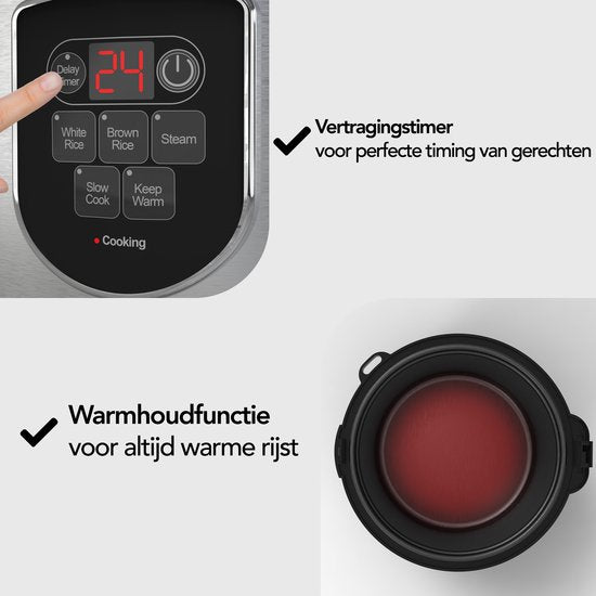 Aviro Rice Cooker - Slowcooker - 1,2L - 7 Fonctions - Fonction maintien au chaud - Cuiseur de riz - Antiadhésif - Multicuiseur - 2-6 personnes - acier inoxydable