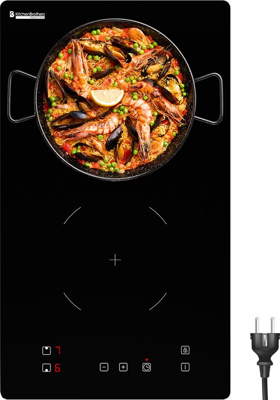 KitchenBrothers Table de cuisson à induction - Table de cuisson à induction encastrable - 30 cm - 2 zones - 1 phase - jusqu'à 3300W - noir