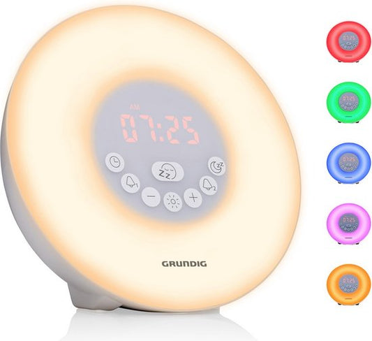 Réveil lumineux - Grundig - avec radio FM - Réveil lumière avec simulation lever de soleil - Réveil Numérique - 10 sons naturels