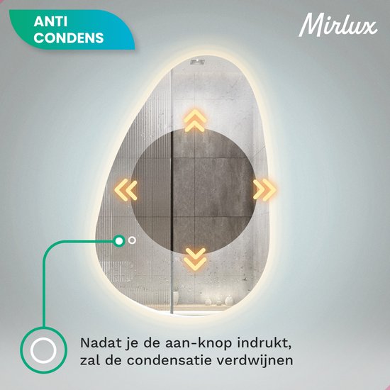 Mirlux Miroir de salle de bain avec éclairage LED - Miroir mural asymétrique - Forme organique - Miroir de douche anti-condensation - Miroir mural 90x60CM