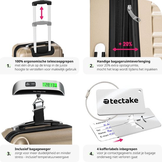tectake® - Set de 4 valises à coque dure - Set de valises de voyage à roulettes - ABS - Poignée télescopique et serrure - Pèse-bagages inclus - Tailles des trolleys S-M-L-XL - Champagne