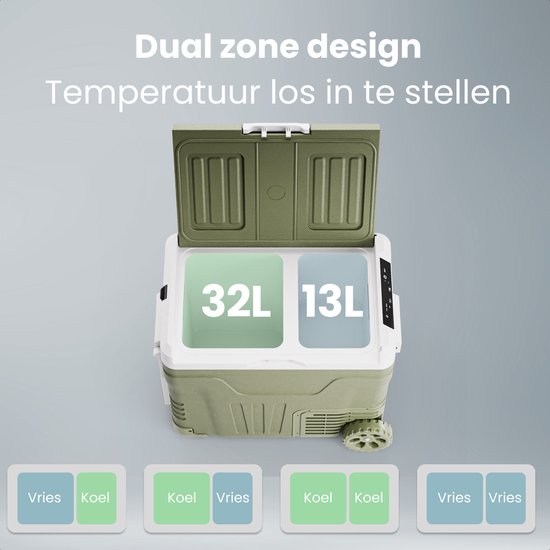 Auronic Electric Cool Box - Compresseur - 2 Zones - 45L - 12/24V et 240V - Réfrigération et congélation - Réfrigérateur de camping - Frigobox Auto - Avec roues et poignée - Vert
