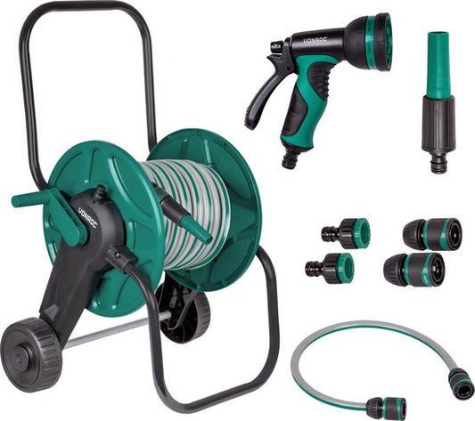 VONROC set complet de chariot pour tuyau d'arrosage | Comprend un tuyau d'arrosage de 20 m, 3 buses de pulvérisation, des raccords de tuyau et un raccord de robinet.