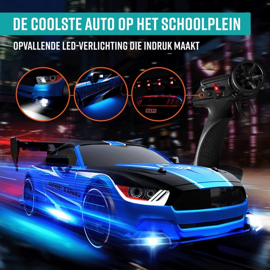 NAPI Voiture RC contrôlable - Voiture de drift avec 2 piles, LED et accessoires - 15 km/h - Jouets d'extérieur - Voitures de course pour garçons et adultes - Jouets d'extérieur - Toy Car Radiographic - Drift King