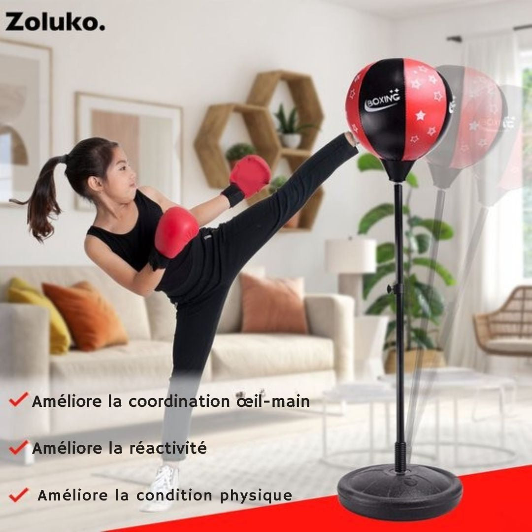 Ballon de boxe sur pied pour enfants Zoluko - Gants de boxe et pompe gonflable inclus - Hauteur réglable - Pour l'intérieur et l'extérieur - noir/rouge
