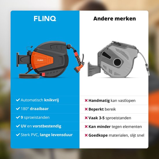 FlinQ Enrouleur de tuyau d'arrosage 20 mètres - Enrouleur de tuyau automatique - Enrouleur mural rotatif à 180° - Boîte à tuyau murale avec tuyau d'arrosage, enrouleur et tête d'arrosage - 9 modes d'arrosage