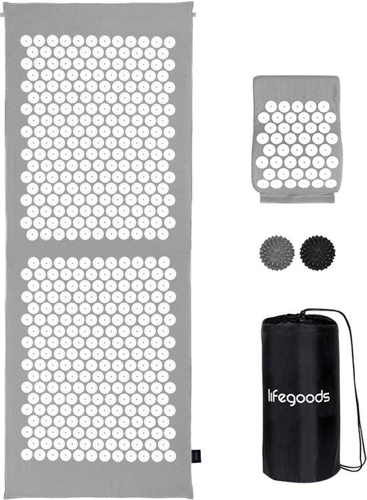 Tapis d'acupression XL LifeGoods - avec coussin - Tapis Shakti - Tapis pour ongles avec 2 balles pour points de déclenchement - 128x48x2cm - Gris/Blanc