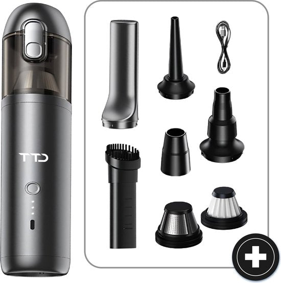 TTD® Premium Auto Vacuum Cleaner Cordless and Rechargeable - 17,000 Pa - Handheld Vacuumer - Blow & Suck - Heat Resistant - Compact design - With HEPA filter