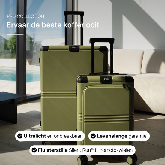 ONYX Hybrid Pro Check-in Suitcase Medium 70 Litres - Polycarbonate recyclé et design sans fermeture éclair - Valise de voyage avec serrure TSA et roues pivotantes - Trolley léger avec compartiment pour ordinateur portable - Vert olive