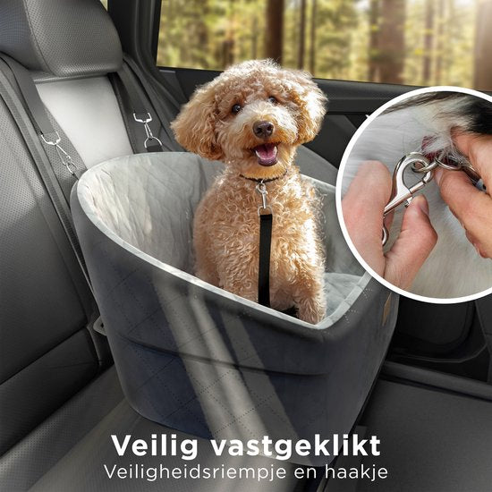 CozySense® Siège auto pour chien - Panier auto pour petit chien - Siège avant et arrière - Avec sangle de sécurité, compartiment de rangement et housse lavable - Noir/Gris