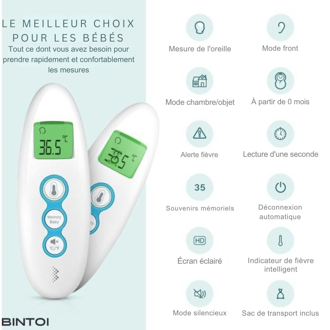 Thermomètre auriculaire digital Bintoi® X100- frontal infrarouge - Indicateur de température - médical pour adultes et bébés - Mesure instantanée en 1 seconde - Piles incluses - blanc