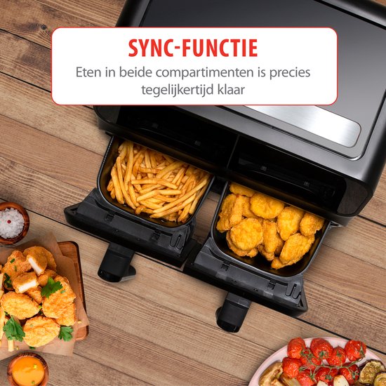 alpina Double Airfryer XL 8L - Friteuse à air chaud pour 4 à 8 personnes - Capacité 2x4L - Affichage digital - Friteuse à air 1700 W - Fonction Sync Finish - Noir