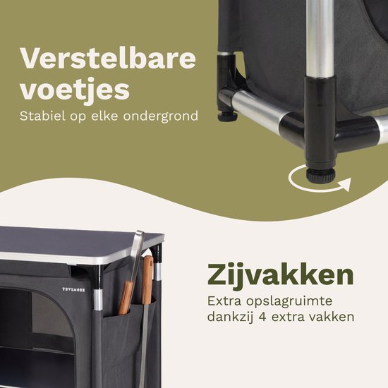 TRVLMORE Camping Cabinet XL - Cuisine de camping - Capacité de charge 90KG - Structure en aluminium - Pliable - Sac de transport inclus - 50x60x97CM - Gris