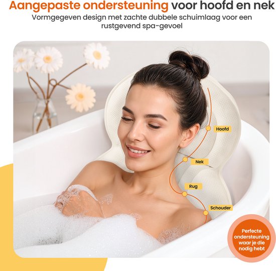 Coussin de bain Goliving - Coussin ergonomique pour le bain - Avec 6 ventouses - Sac de lavage inclus - Antidérapant, léger et imperméable - 100% Polyester - Blanc