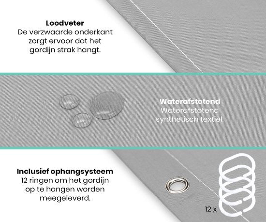 Loti Living Rideau de douche anti-moisissure - Gris - Anneaux inclus - Imperméable - Polyester - Rideau de douche 180x200 cm