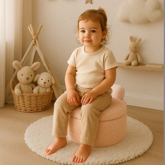 Ceruzo Pouf enfant - Chaise de rangement rose - Boucle Teddy - Dossier souple - Ø 35 -H28 cm