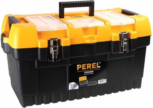 Perel Mallette à outils, polypropylène, avec plateau amovible, 3 organiseurs dans le couvercle, poignée rabattable et fermetures métalliques, noir/jaune, 564 x 310 x 310 mm