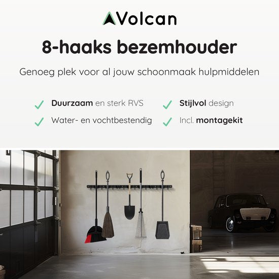 Porte balai Volcan - Système de suspension pour balai Outils de jardin - Porte-outils - Ruban adhésif 3M - 7 porte-balais 8 crochets - Acier inoxydable noir