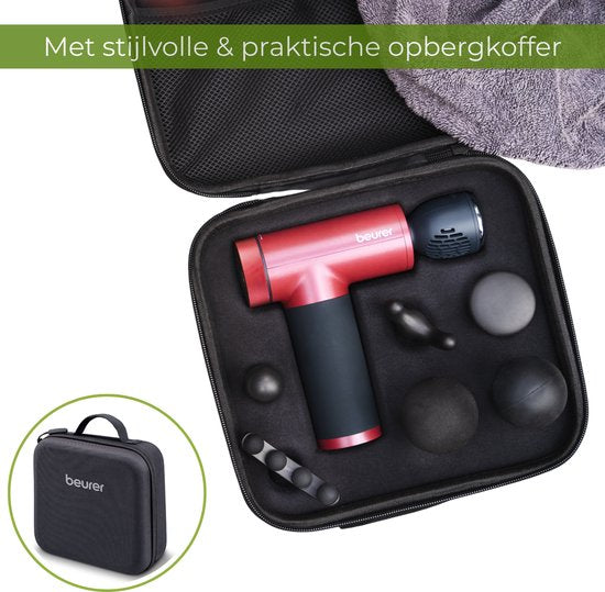 Beurer MG 195 HOT & COLD Limited Edition 25 Pistolet de massage - Chauffe et refroidit les muscles - 7 accessoires inclus - 9 niveaux d'intensité - Batterie puissante - Utilisation sans fil - 3 ans de garantie - Bordeaux/noir