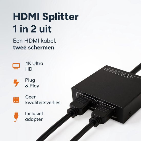 Skoov HDMI Splitter 1 in 2 out - Adaptateur 4K HDMI Splitter - Câble - 2 Ports - Duplication d'image - Universel - Jeu - TV - PC - Extender