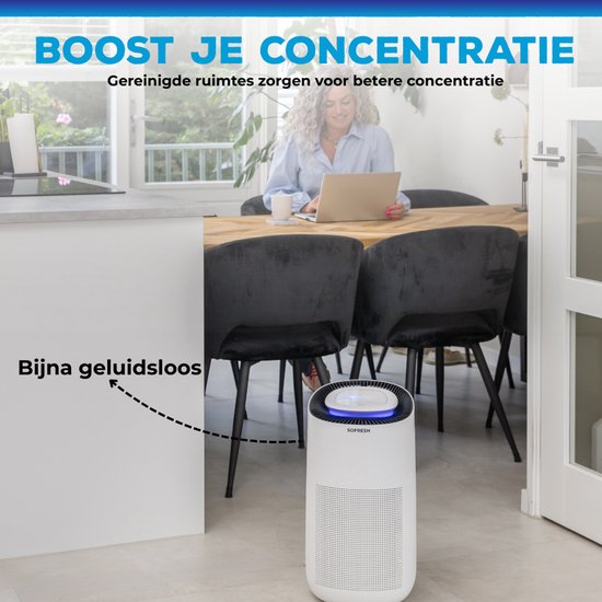 Sofresh purificateur d'air avec application - 80 m² - Mode automatique + système de filtration 6 en 1 - Indicateur de qualité de l'air - Ioniseur - UV - Filtre à air - Purificateur d'air avec filtre HEPA