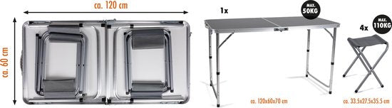 Camp Active Camping Table Set - Table de camping avec 4 tabourets - pliable - légère - compacte - robuste - grise