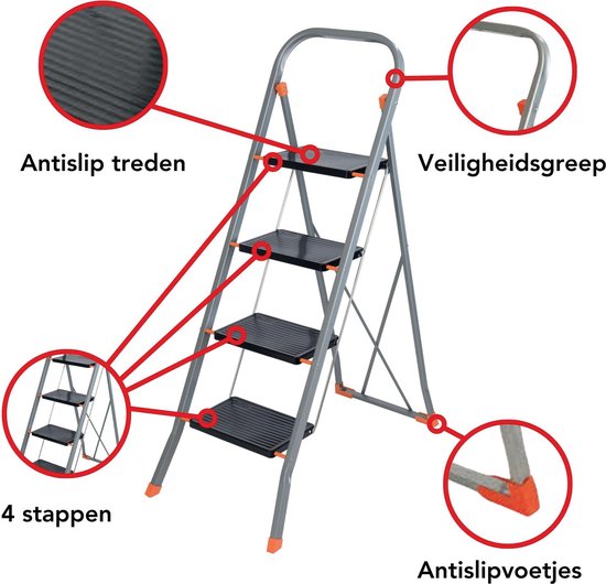 Escabeau Toolland Stepix, 4 marches, pliable, échelle de maison avec poignée haute, pieds antidérapants et marche antidérapante sur les deux marches, revêtement époxy, métal, capacité de charge jusqu'à 150 kg