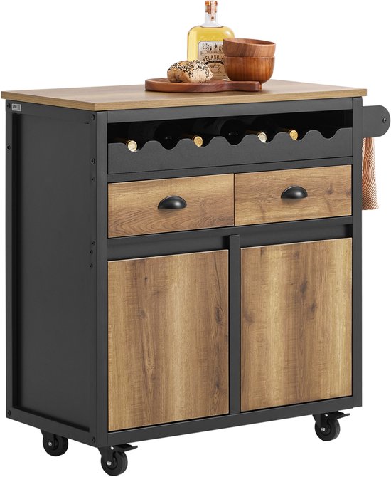 SoBuy Chariot de cuisine à roulettes, îlot de cuisine avec porte-bouteilles, 2 tiroirs et 2 portes, marron vintage, 89x40x87 cm, buffet et meuble de rangement - FKW122-SCH