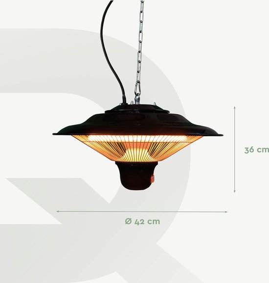 BRASQ Electric Terrace Heater Pendant PHC100 - Chauffage infrarouge 1500W - avec télécommande - 3 niveaux de chaleur - Pour l'intérieur et l'extérieur - Résistant aux éclaboussures - Noir