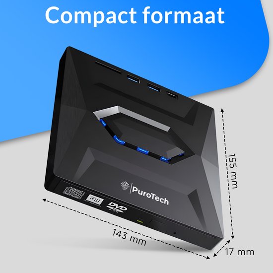 PuroTech Lecteur DVD/CD externe 3-en-1 pour ordinateur portable et PC - Graveur - Lecteur optique - USB 3.0 & USB C- Plug & Play - Windows, MacOS & Linux