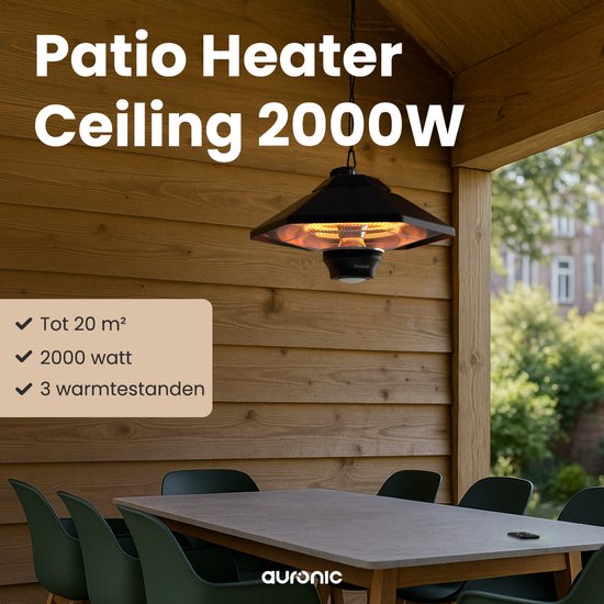 Auronic Terrace Heater - Chauffage infrarouge - Suspendu - 20m2 - Electrique - 2000W - Télécommande - 3 niveaux - Noir