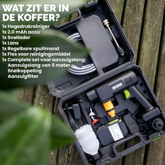 BREND BR-2235 Nettoyeur haute pression sans fil avec batterie et buse réglable - 3 modes de pulvérisation - Pulvérisateur haute pression avec tuyau d'aspiration et bouteille - Noir