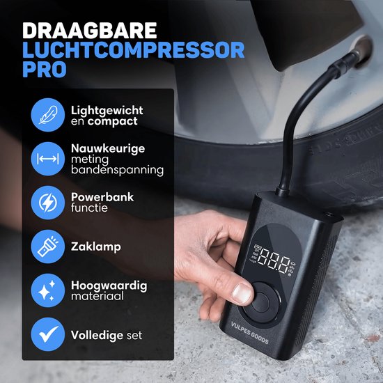 Vulpes Goods® Tech - Pompe à pneu portable à compresseur - 6400mAh - Pompe électrique pour vélo - Compresseur d'air pour voiture, scooter, vélo, ballon et lit pneumatique - 7 accessoires inclus - Lampe de poche - Powerbank - Mallette de voyage - PRO