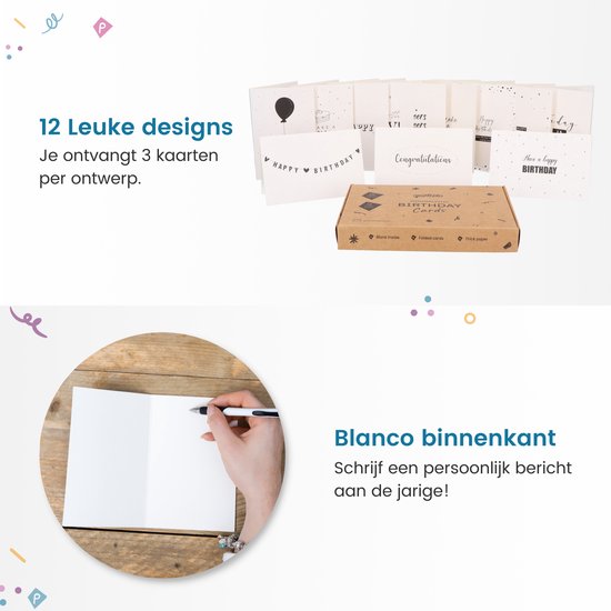 Partizzle 36x Cartes d'anniversaire avec enveloppe - Noir et blanc - Envoyer une carte d'anniversaire - Adultes - Durable - 15x10 cm / Minimaliste