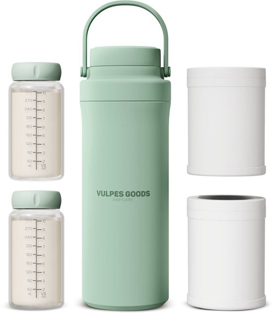 Vulpes Goods® BabyCare - Refroidisseur de lait pour les déplacements - Refroidisseur de lait maternel portable - Bouteille en acier inoxydable de 750 ml + 2 bouteilles de 300 ml sans BPA - Refroidissement jusqu'à 24 heures - Refroidisseur de lait maternel