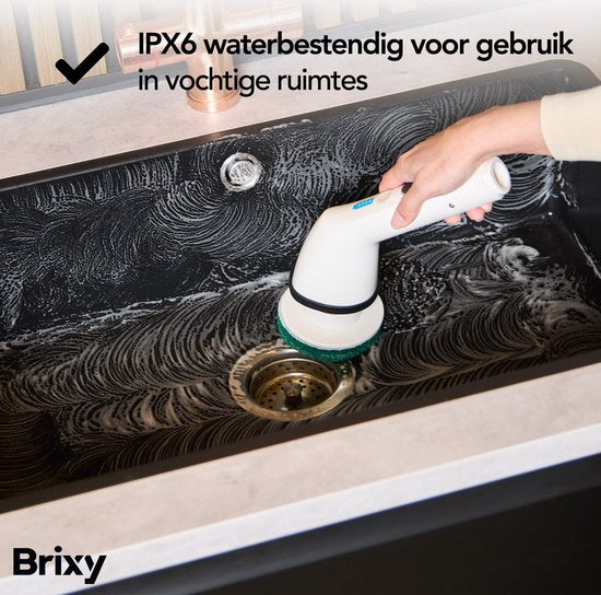 Brosse de nettoyage électrique Brixy - Brosse à récurer extensible - Sans fil - 8 accessoires - Brosse à récurer - Blanc